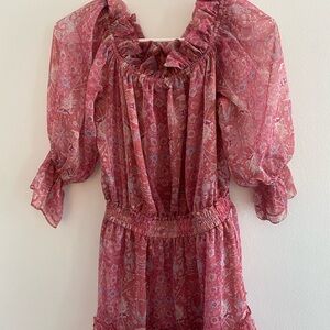 MISA Los Angeles sheer Pinkish Red Floral Ruffle Dress